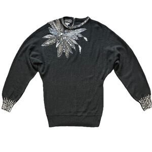 Rochelle Women’s Sweater Black Floral Beaded Silk/Nylon/Rabbit Hair/Lamswool, M